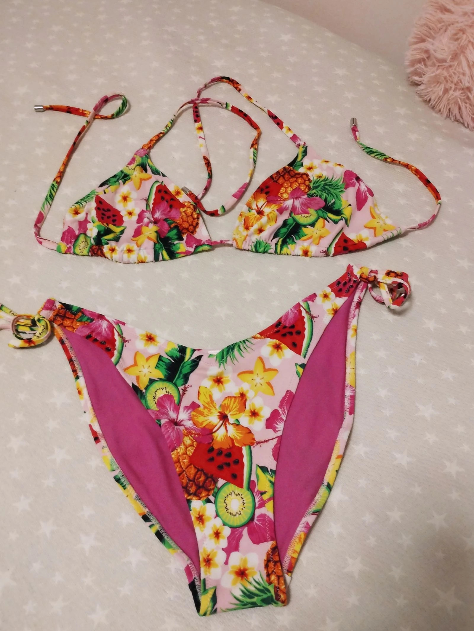 Bikini Tropical triángulo de Frutas y Flores Talla M